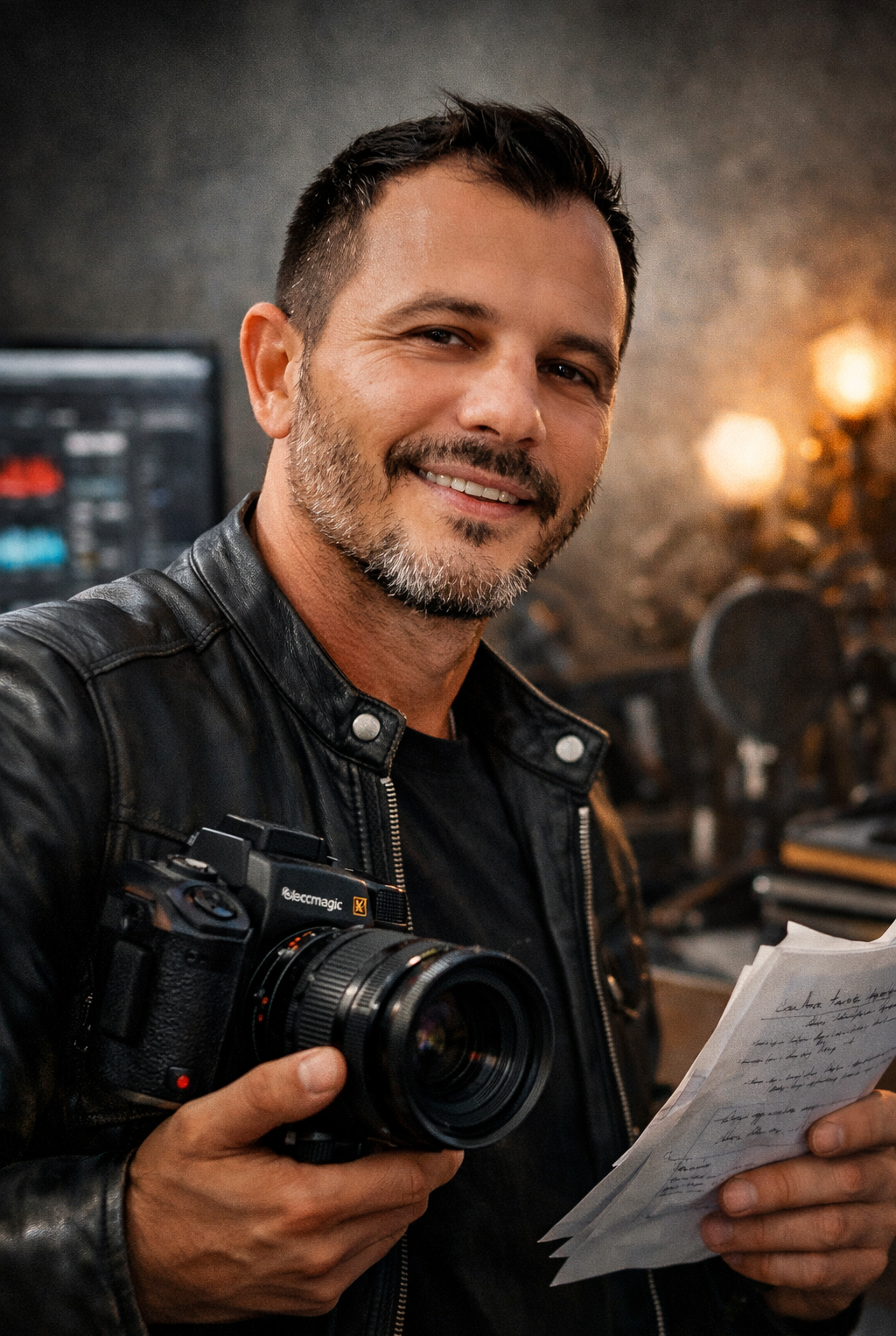 Homme souriant avec un appareil photo et des notes, dans un environnement créatif.